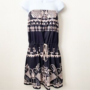 SAUKOLE  Bandeau Strapless Smocked Elastic Waist Tube Mini Dress with Pockets